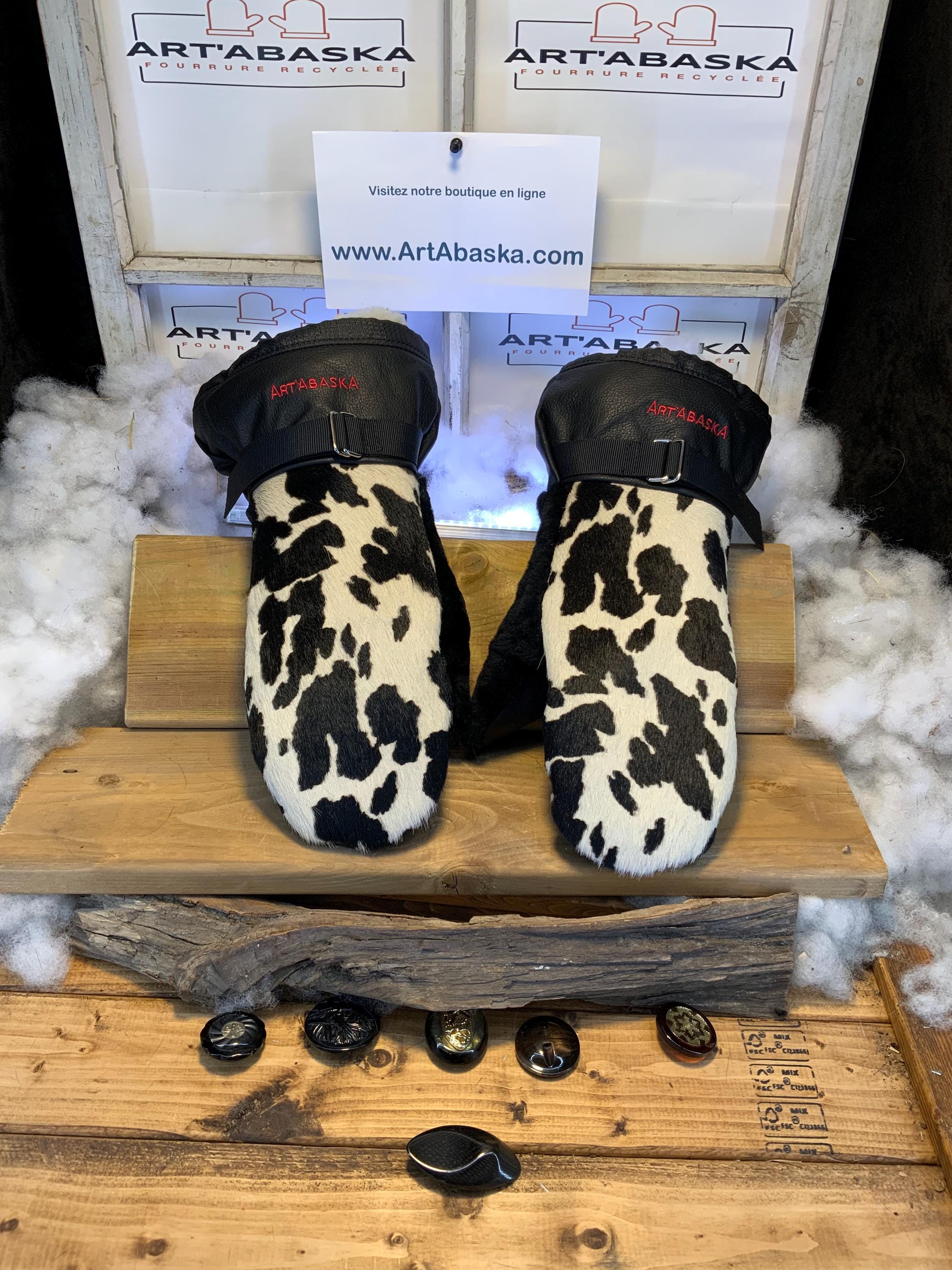 Mitaines hiver peau de vache & cuir italien noir | Mitaines fourrure recyclée mouton rasé | Fait à la main Québec | Modèle Carmen X-Large