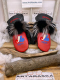 Mitaines Danielle Expos de Montréal cuir rouge et noir brodé renard patchwork recyclé fait à la main Québec artisanal unique