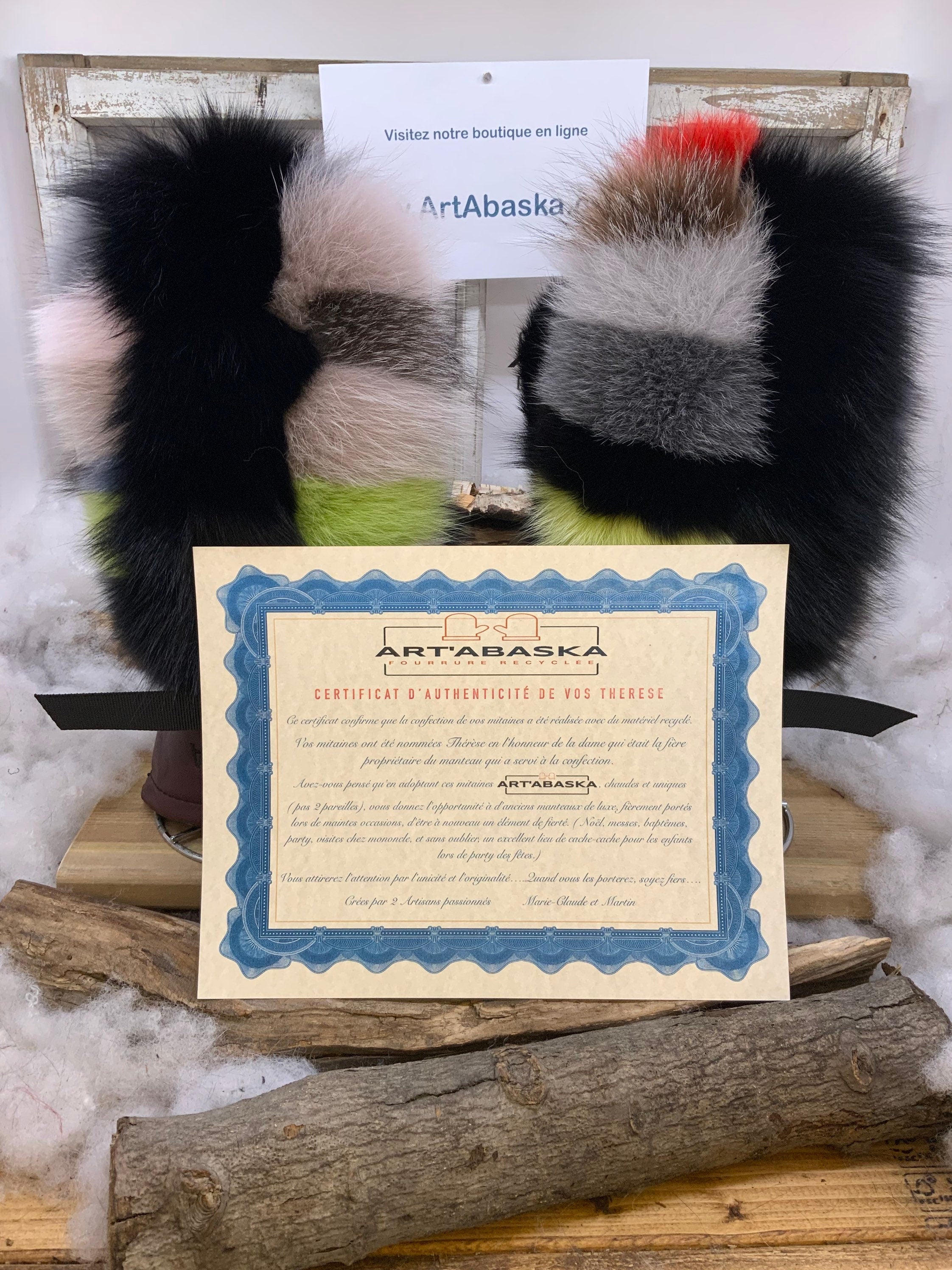Mitaines Thérèse Large – Édition Patchwork de Luxe renard et lapin recyclés avec cuir bourgogne – fait main Québec