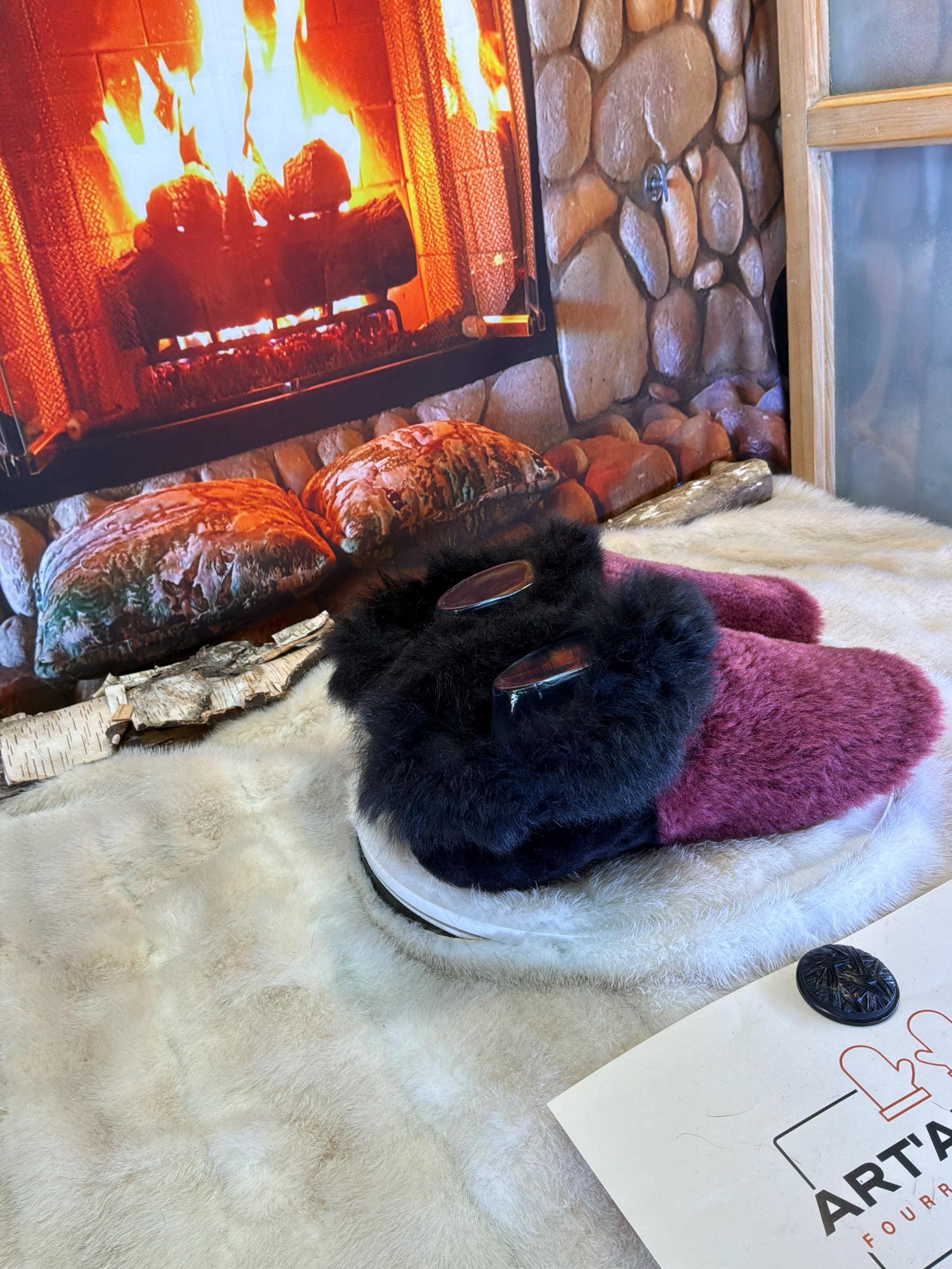 Slipper Lydia pointure 10 femme – Sherling italien & cuir recyclé, pièce unique faite à la main au Québec