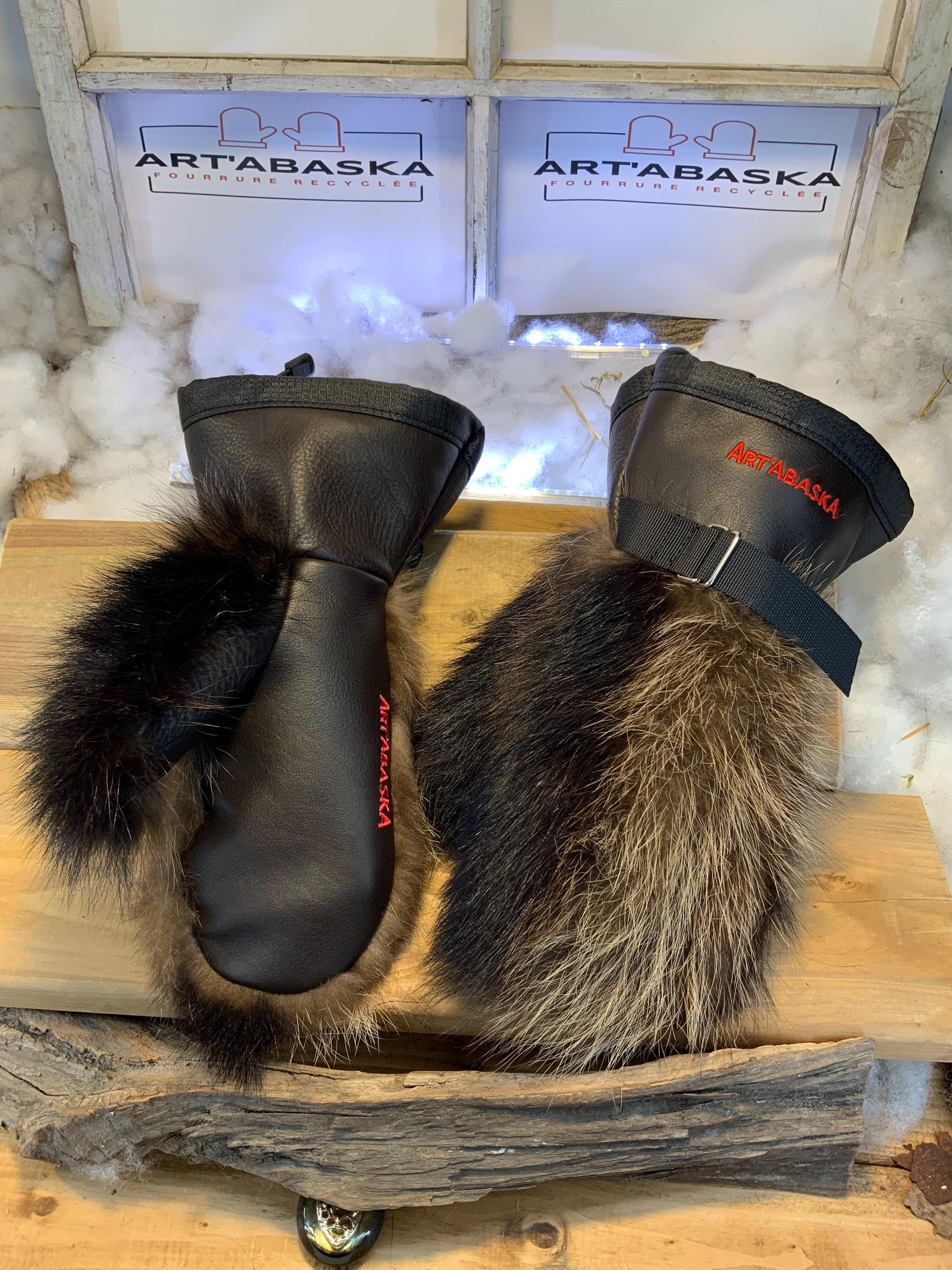 Mitaines Lise Small – Fourrure raton brun recyclé & cuir italien brun, fait à la main, pièce unique Québec