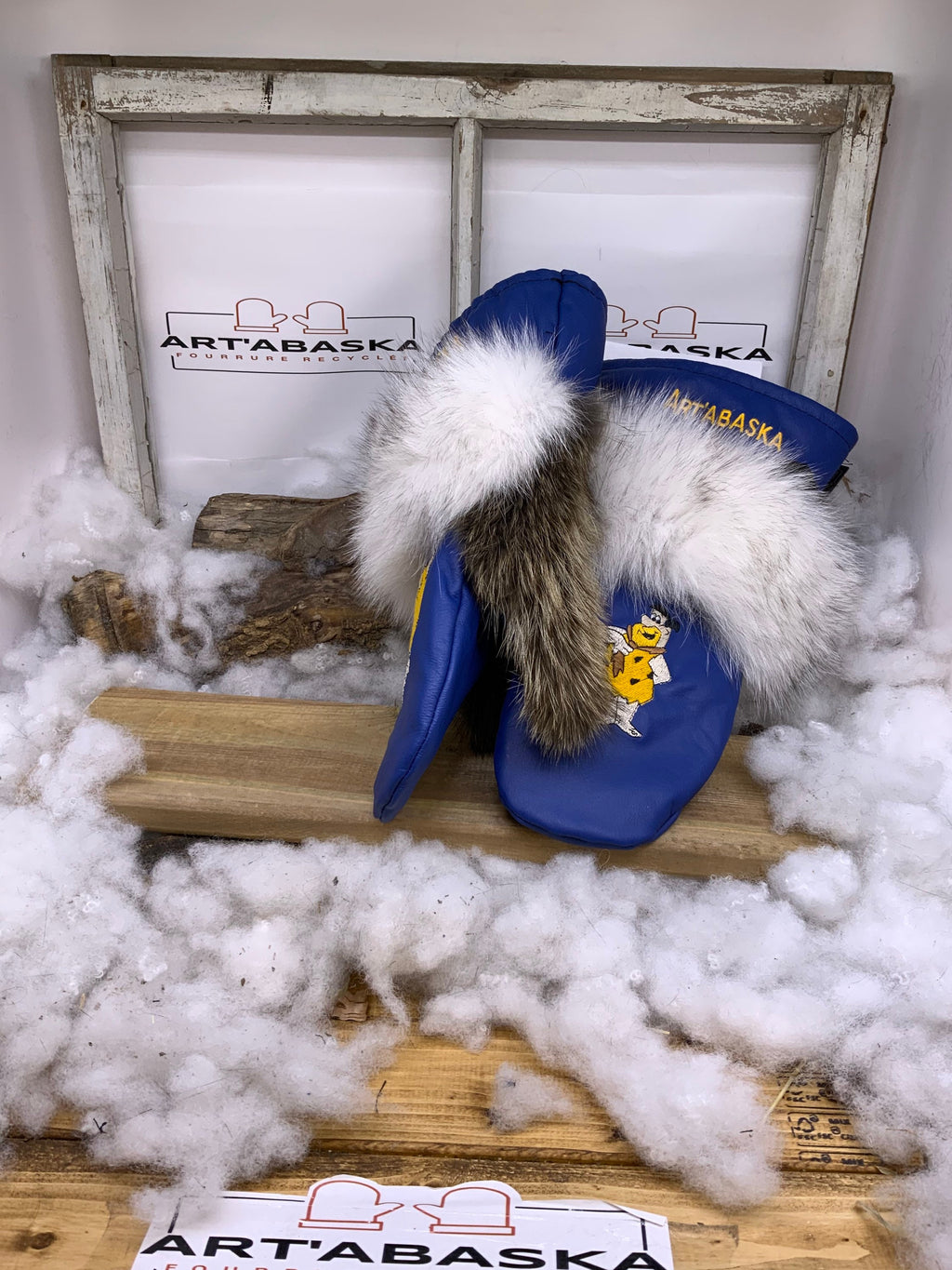 Mitaines Henriette X Large édition spéciale Pierrafeu cuir bleu recyclé fourrure renard raton broderie unique chaud Québec