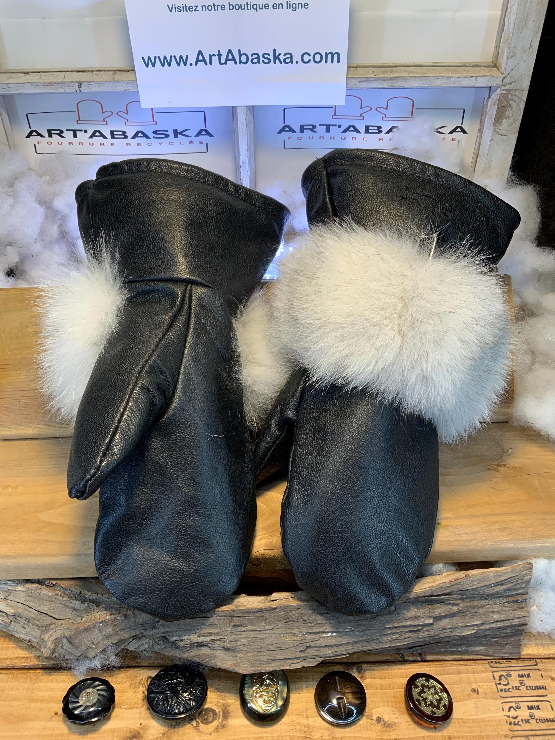 Mitaines Adeline XL cuir italien noir & renard norvegien blanc recycle fait a la main piece unique Quebec