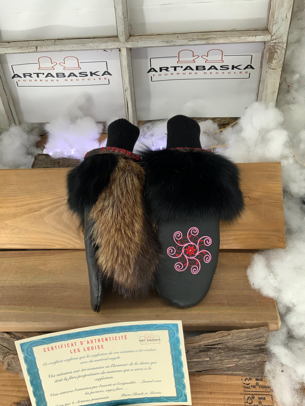 Mitaines de Ville en fourrure et cuir recyclés, Les Louise Grandeur médium Edition Broderie