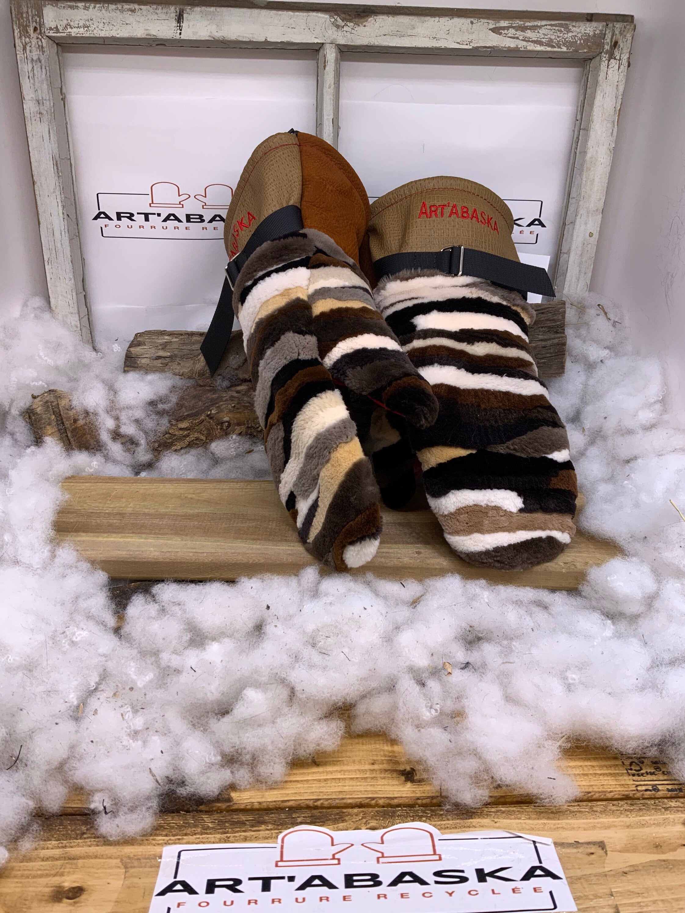 Mitaines Les Liliane – Édition Spéciale Patchwork – fourrure recyclée luxueuse & cuir fait à la main – taille XL Québec