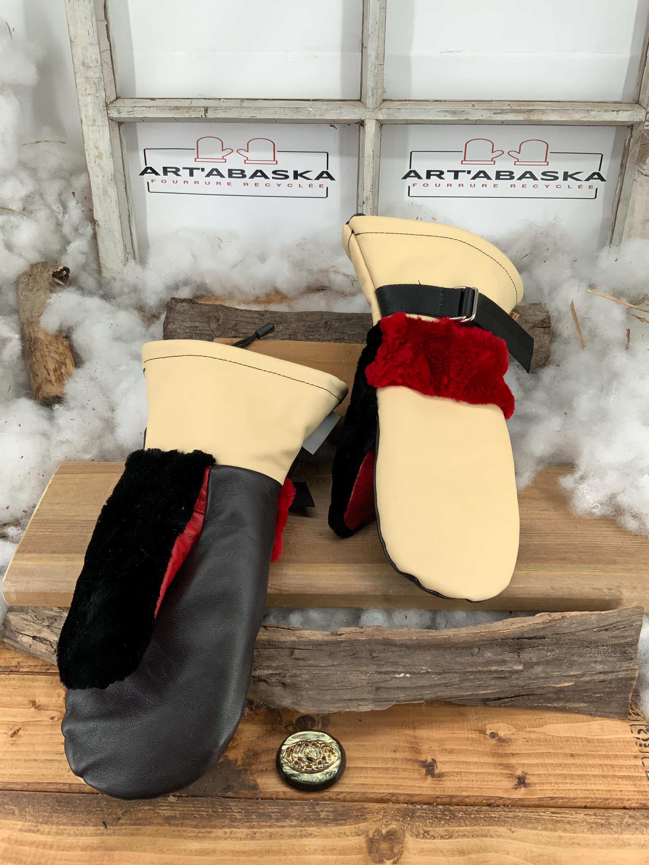 Mitaines Irène Medium - Cuir et fourrures recyclées vison noir et rouge, cuir crème et noir, pièce unique fait à la main Québec