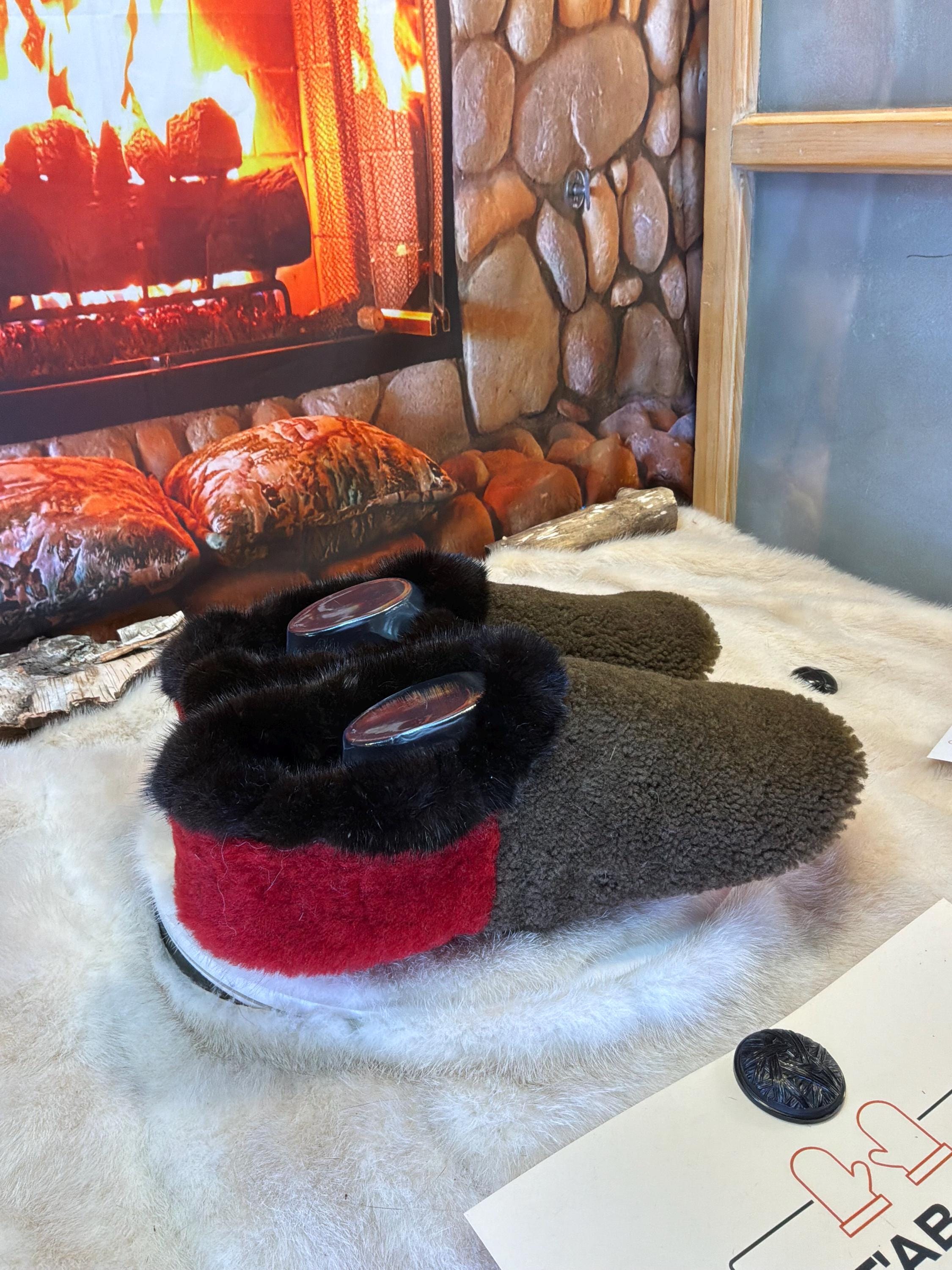 Slipper Ernestine pointure 11 Homme – Sherling italien & cuir recyclé, pièce unique faite à la main au Québec