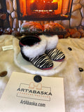 Mocassins d’intérieur Thérèse – 6 femme – cuir recyclé imprimé zèbre, renard norvégien & mouton noir, pièce unique du Québec ✨🖤🤍