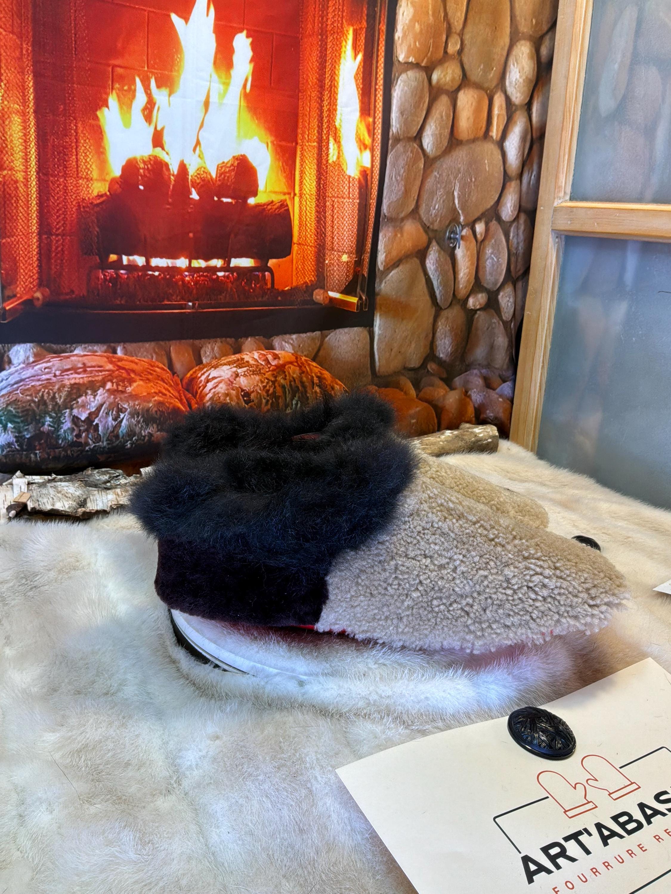 Slipper Rosalie pointure 12 Homme – Sherling italien & cuir recyclé, pièce unique faite à la main au Québec