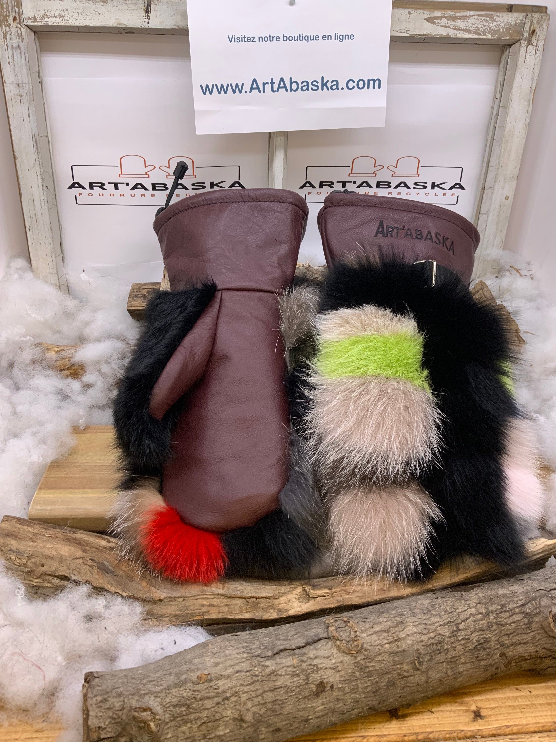 Mitaines Thérèse Large – Édition Patchwork de Luxe renard et lapin recyclés avec cuir bourgogne – fait main Québec