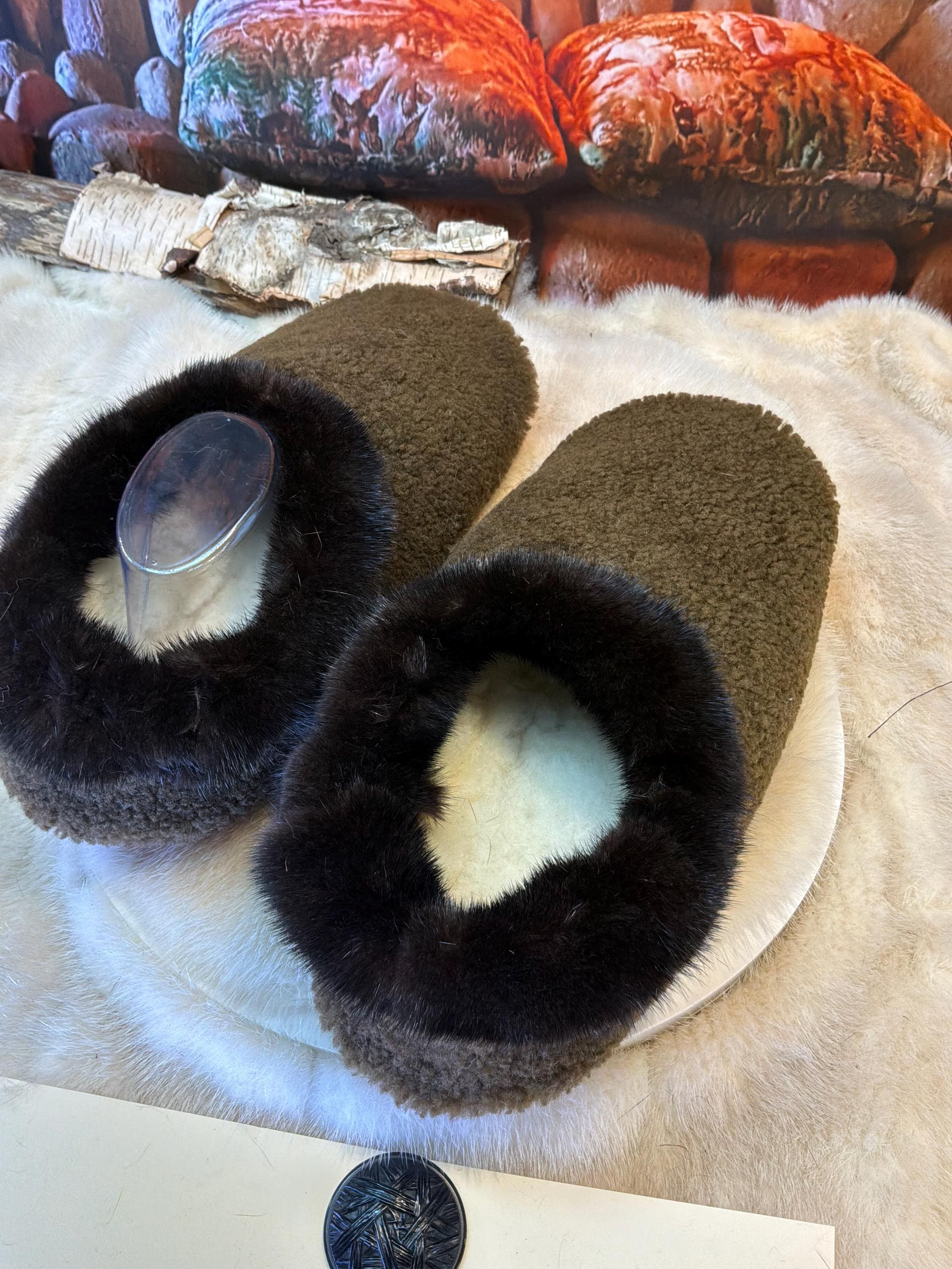 Slipper Renée pointure 11 Homme – Sherling italien & cuir recyclé, pièce unique faite à la main au Québec