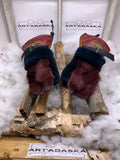 Mitaines Nicole Small – Patchwork bourgogne, renard vert, cuir brun et rouge, 10h25 de confection, fait à la main Québec