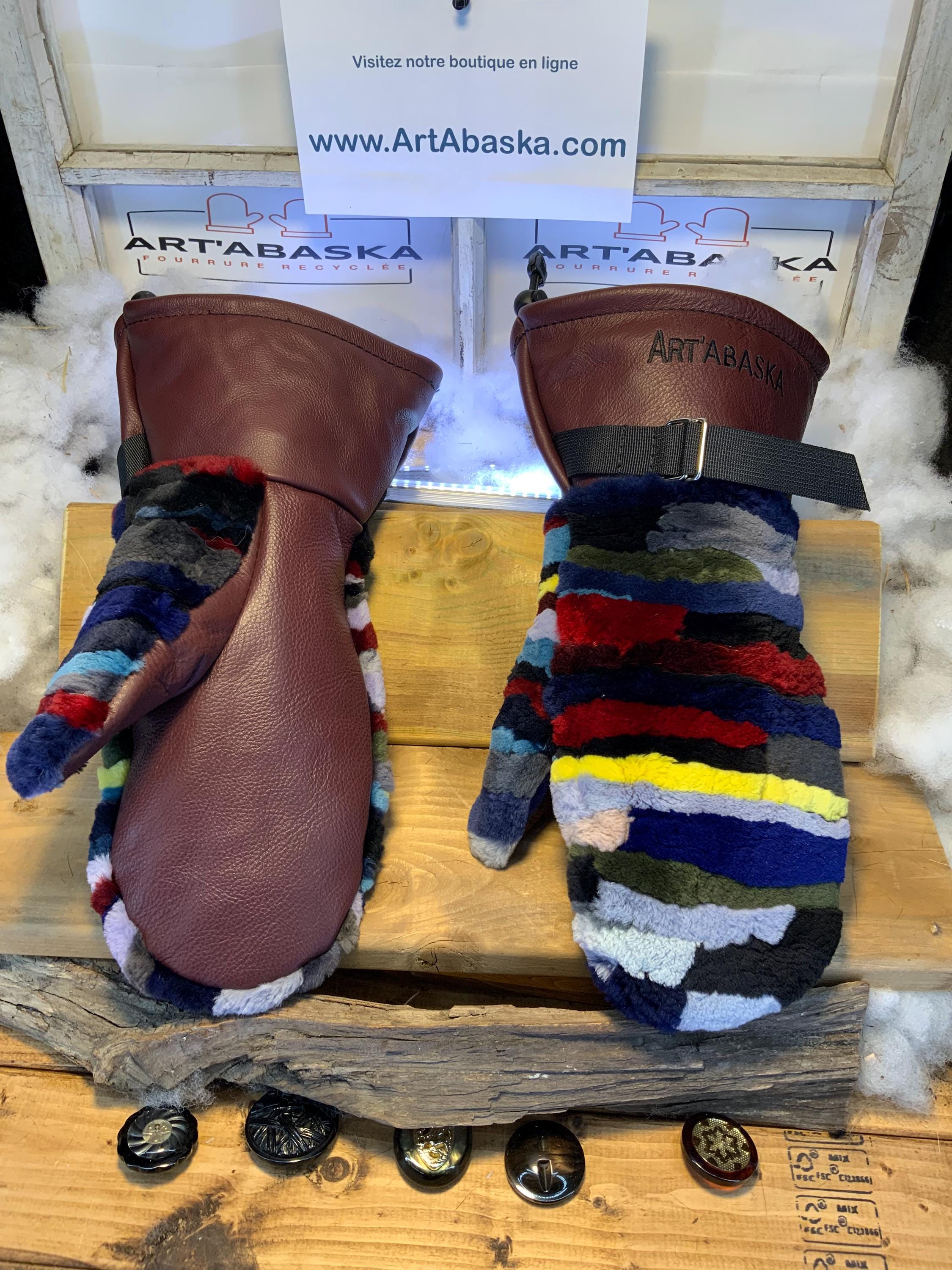 Mitaines Lynda X-Large patchwork renard recyclé multicolore cuir bourgogne italien fait à la main au Québec artisanal unique