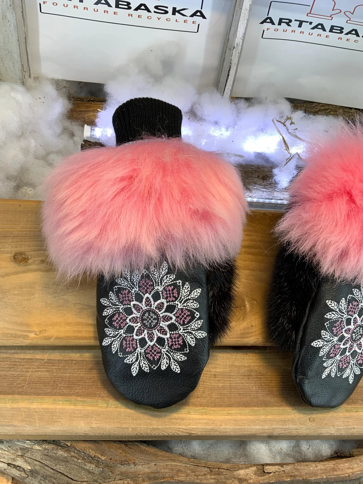 Anne-Marie City Mittens handmade in Quebec from recycled fur with pink floral mandala embroidery and turquoise leather, size Medium