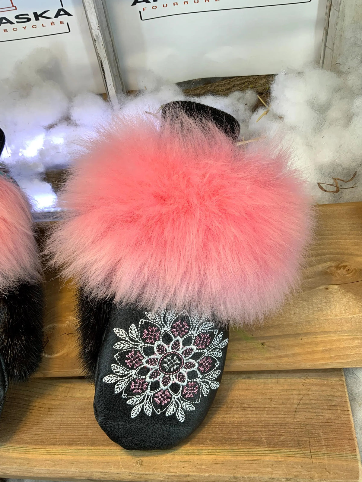 Anne-Marie City Mittens handmade in Quebec from recycled fur with pink floral mandala embroidery and turquoise leather, size Medium