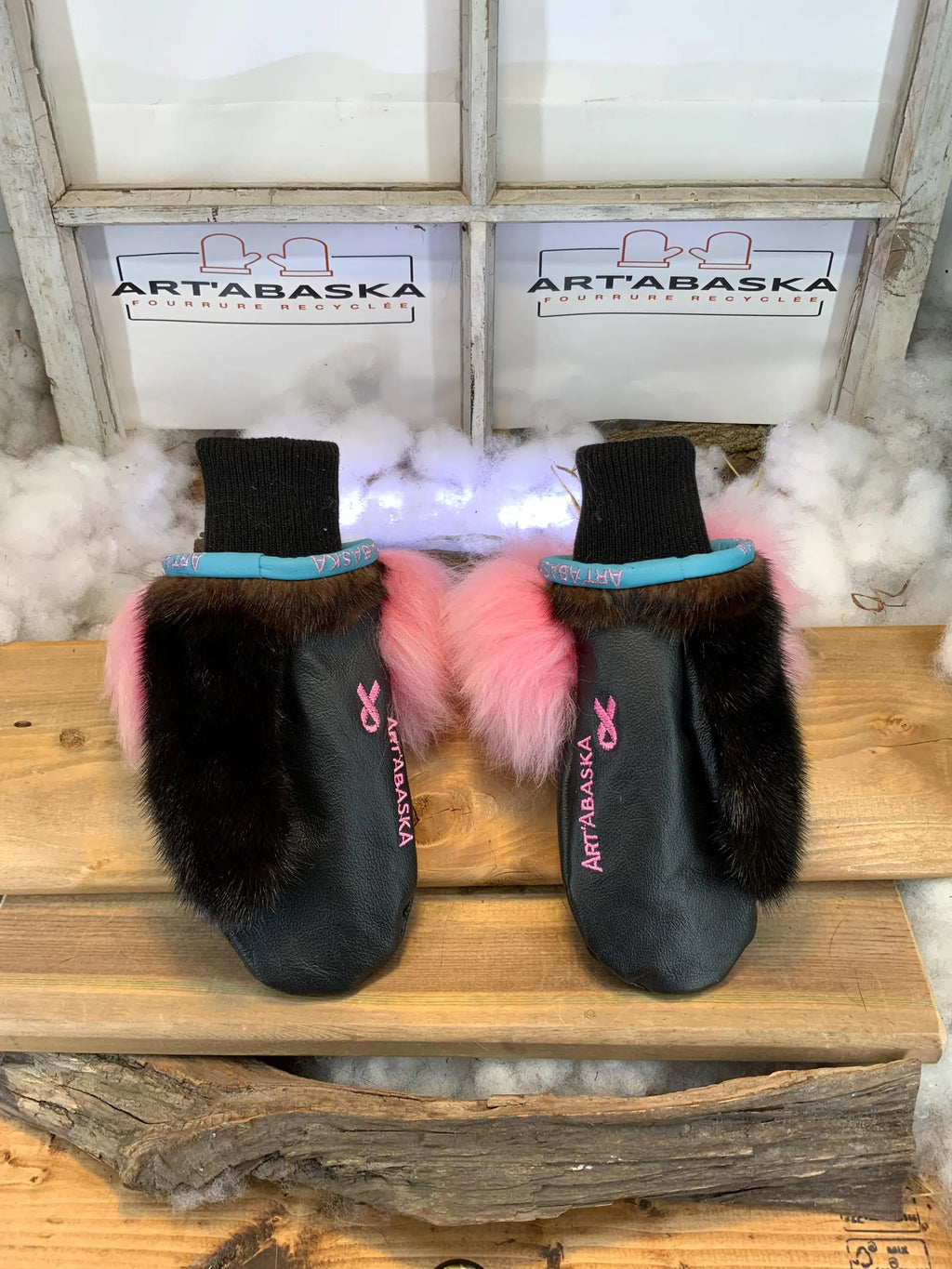 Anne-Marie City Mittens handmade in Quebec from recycled fur with pink floral mandala embroidery and turquoise leather, size Medium