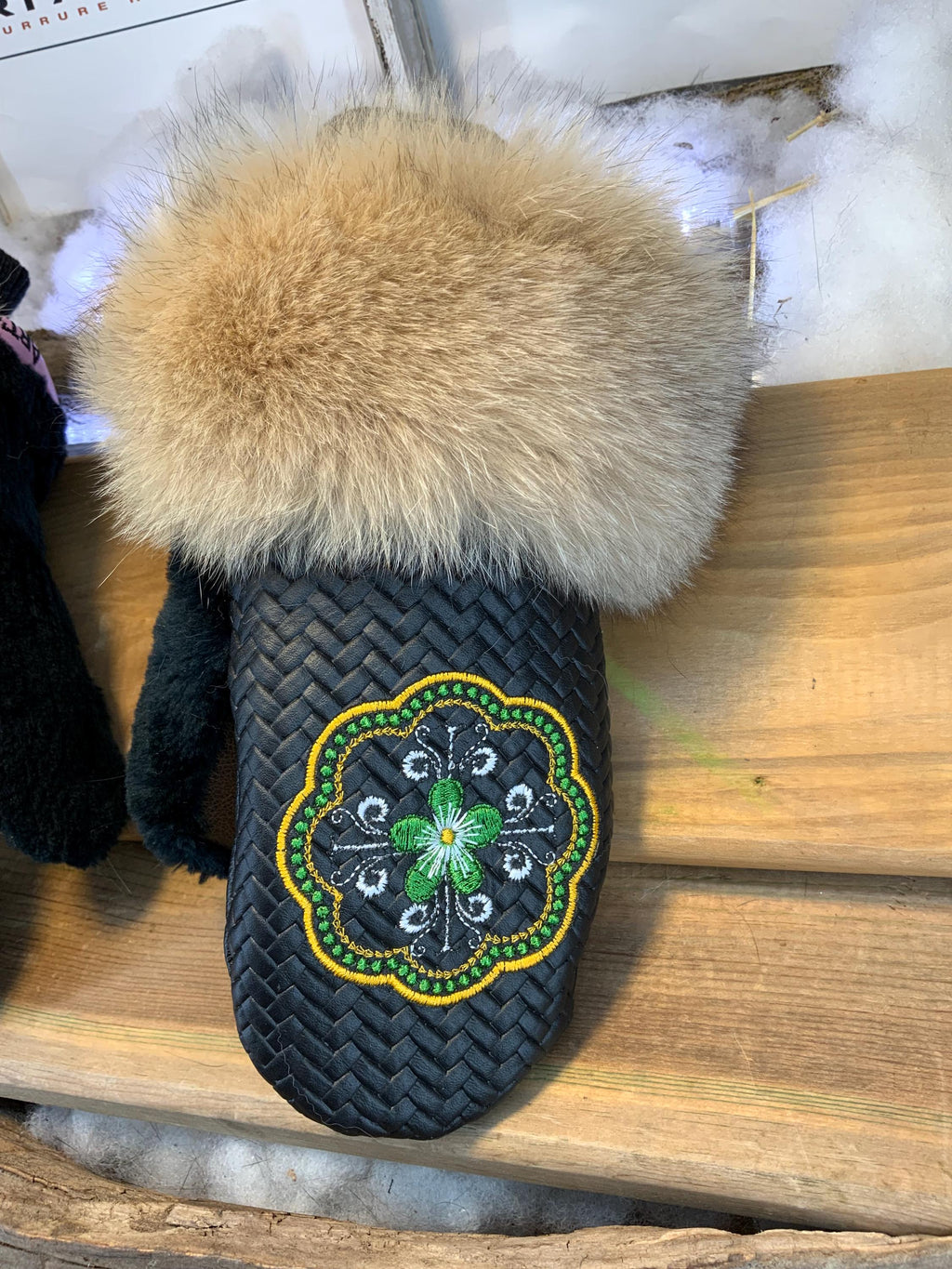 Louise city mittens, handmade in Quebec from recycled fur with black braided Italian leather and multicolored mandala embroidery, size Medium