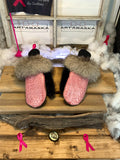 Mitaines de ville Ginette faites à la main au Québec en cuir italien rose croco et fourrure recyclée grandeur Medium