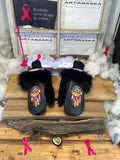 Handmade Bernadette city mittens from Quebec made of recycled fur with artistic dream catcher embroidery size Medium