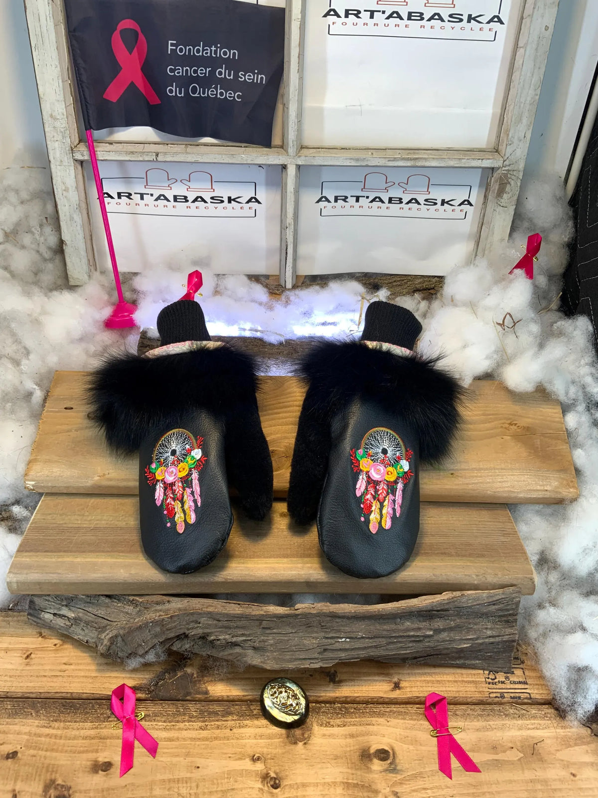 Handmade Bernadette city mittens from Quebec made of recycled fur with artistic dream catcher embroidery size Medium