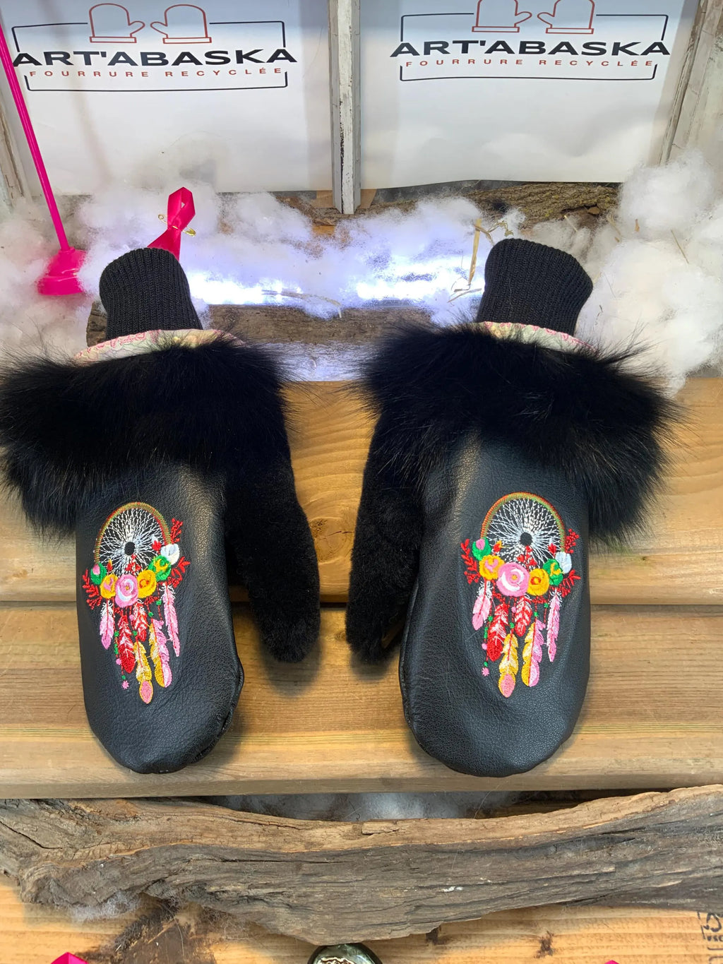 Handmade Bernadette city mittens from Quebec made of recycled fur with artistic dream catcher embroidery size Medium
