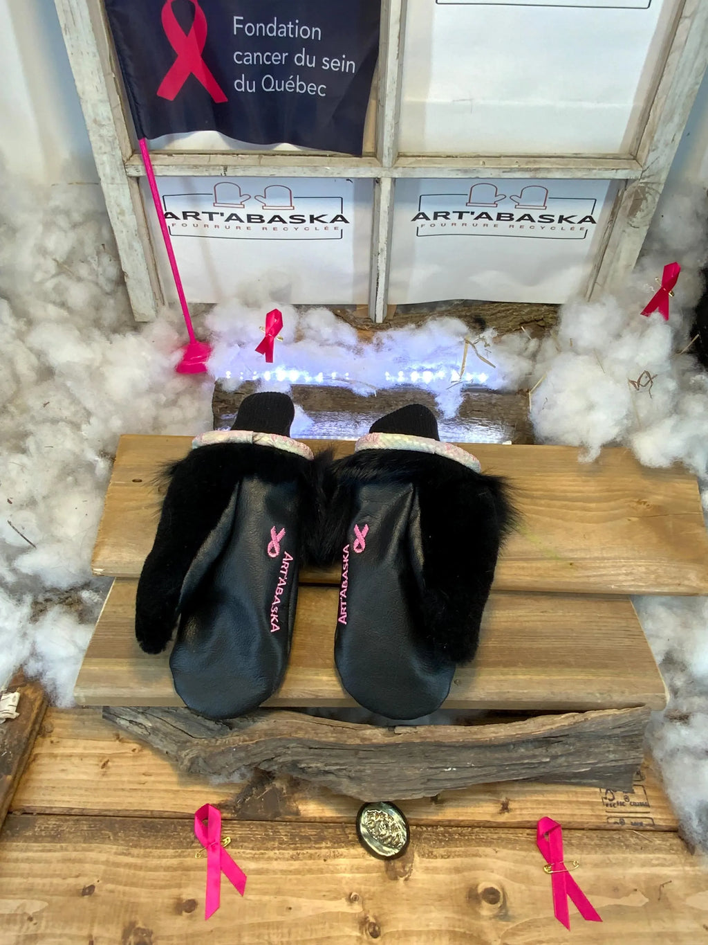 Handmade Bernadette city mittens from Quebec made of recycled fur with artistic dream catcher embroidery size Medium
