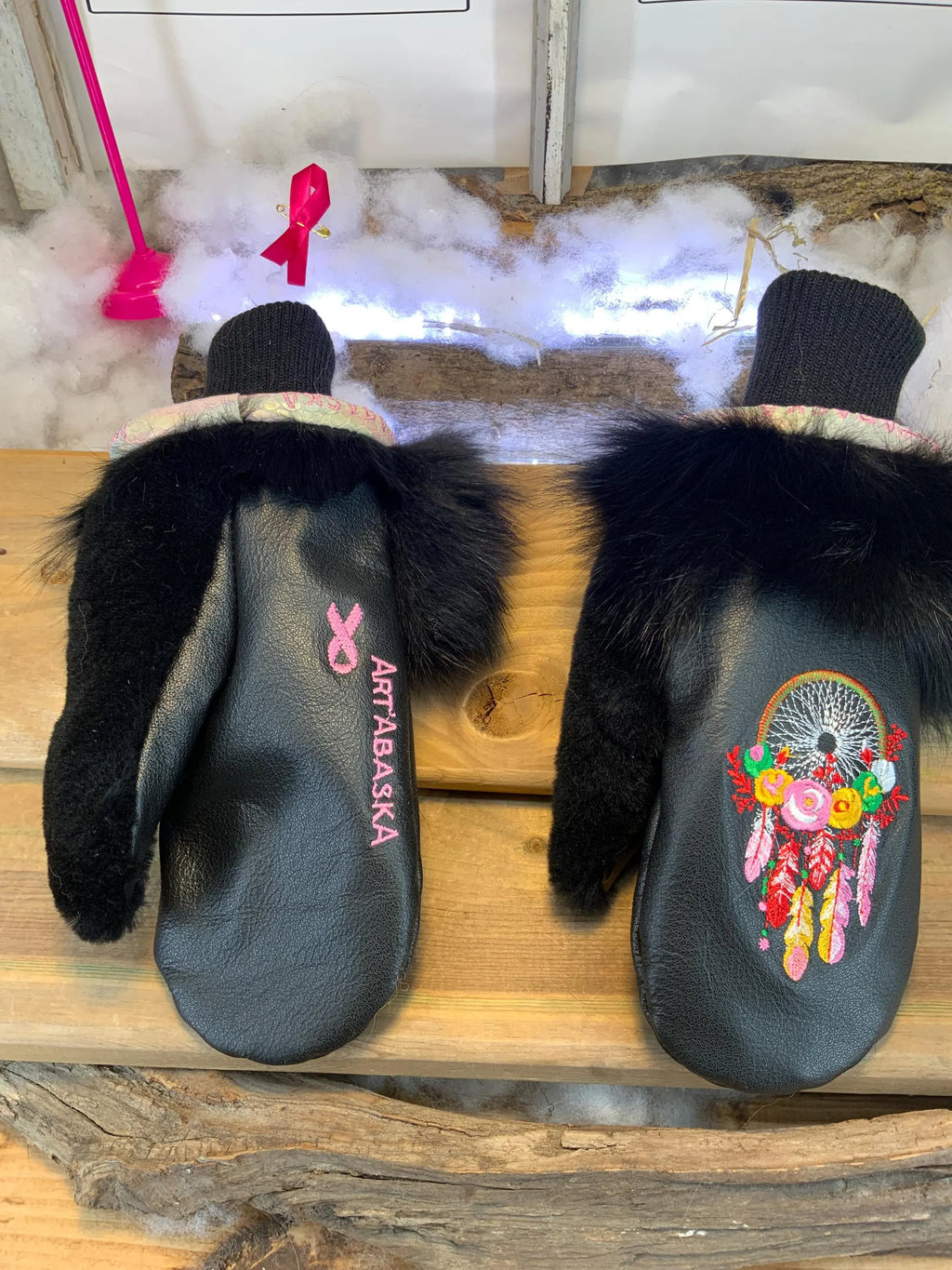 Handmade Bernadette city mittens from Quebec made of recycled fur with artistic dream catcher embroidery size Medium