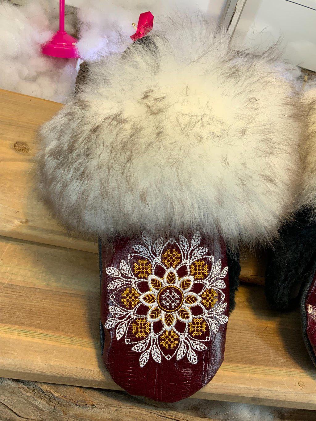 Carmelle city mitts, handmade in Quebec from recycled fur with burgundy Italian leather and mandala embroidery, size Medium