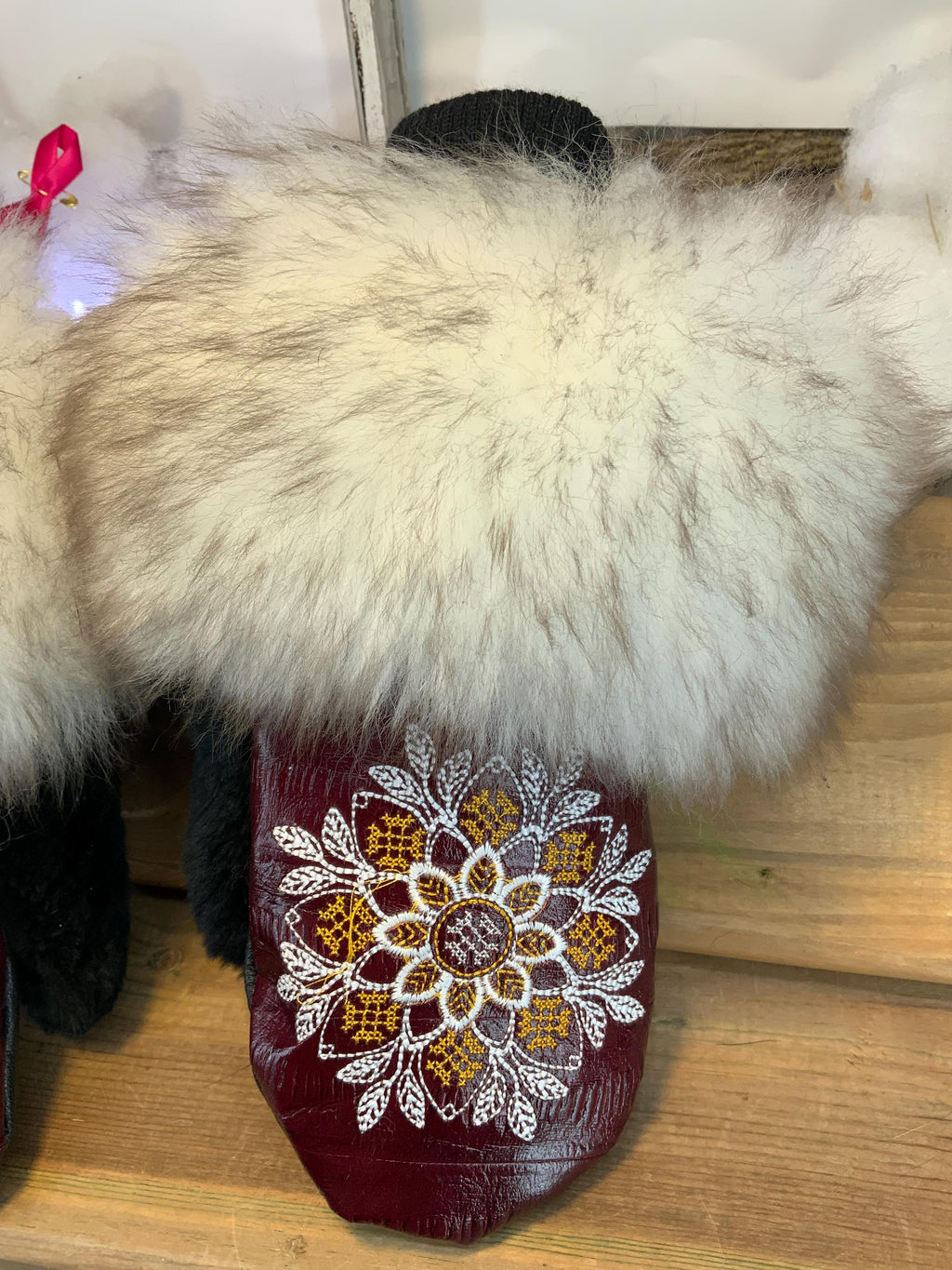 Carmelle city mitts, handmade in Quebec from recycled fur with burgundy Italian leather and mandala embroidery, size Medium