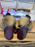 Mitaines de ville Claudette faites à la main au Québec en cuir italien style anguille et fourrure recyclée grandeur Medium