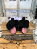 Mitaines de ville Marie faites à la main au Québec cuir rose croco et fourrure recyclée grandeur Small