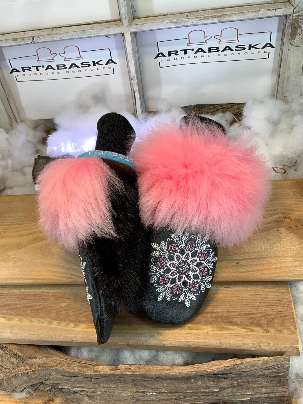 Anne-Marie City Mittens handmade in Quebec from recycled fur with pink floral mandala embroidery and turquoise leather, size Medium