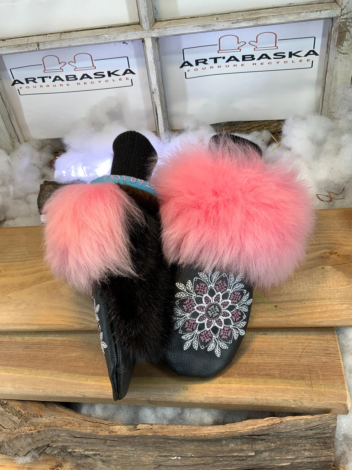 Anne-Marie City Mittens handmade in Quebec from recycled fur with pink floral mandala embroidery and turquoise leather, size Medium