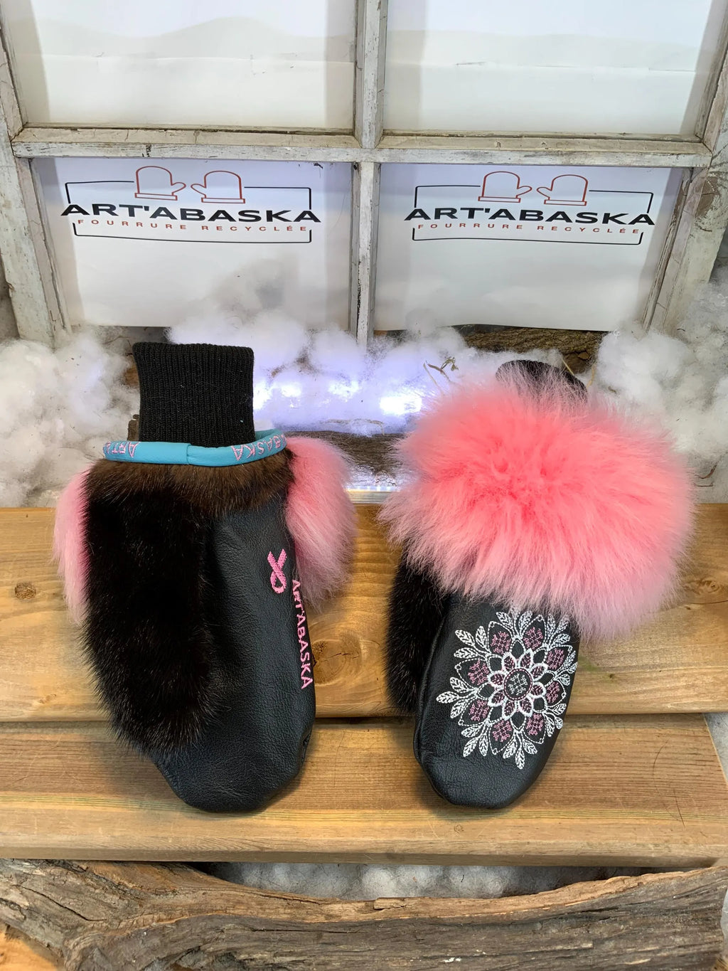 Anne-Marie City Mittens handmade in Quebec from recycled fur with pink floral mandala embroidery and turquoise leather, size Medium