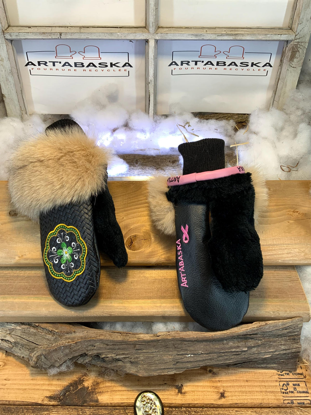 Louise city mittens, handmade in Quebec from recycled fur with black braided Italian leather and multicolored mandala embroidery, size Medium