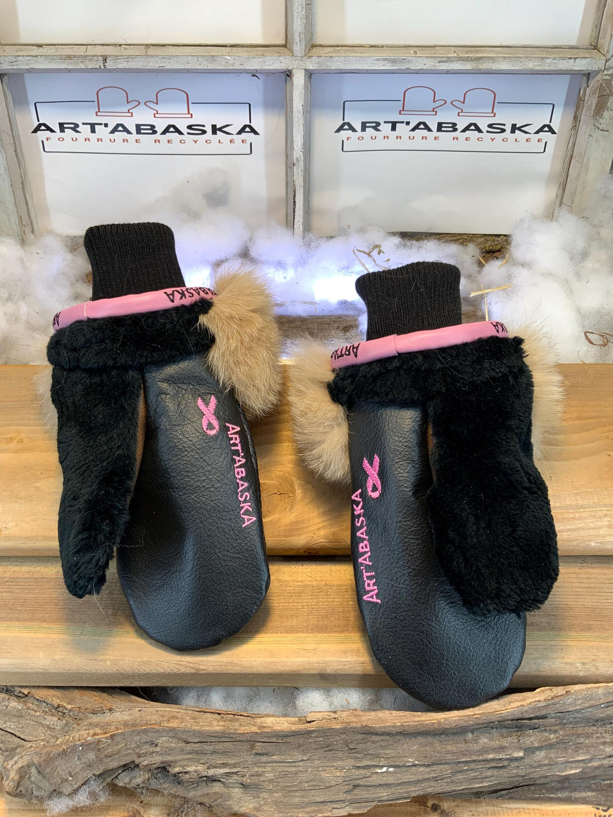 Louise city mittens, handmade in Quebec from recycled fur with black braided Italian leather and multicolored mandala embroidery, size Medium
