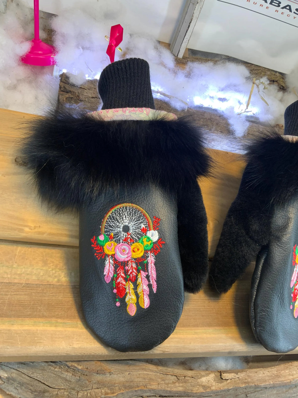 Handmade Bernadette city mittens from Quebec made of recycled fur with artistic dream catcher embroidery size Medium