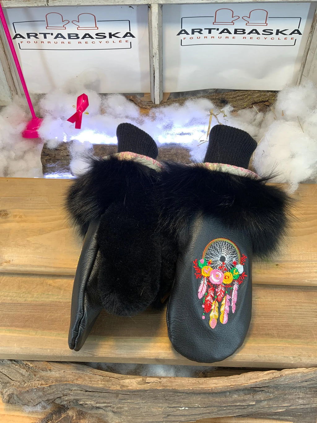 Handmade Bernadette city mittens from Quebec made of recycled fur with artistic dream catcher embroidery size Medium