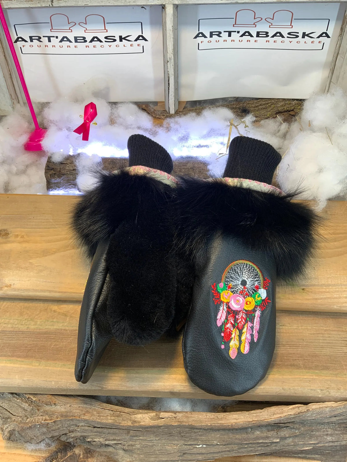 Handmade Bernadette city mittens from Quebec made of recycled fur with artistic dream catcher embroidery size Medium