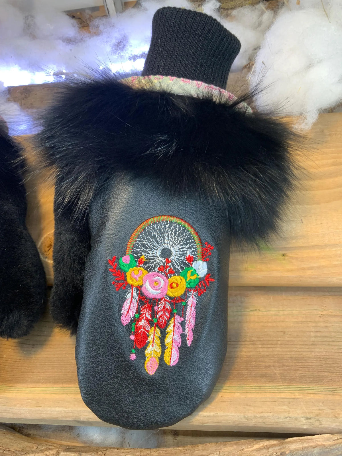 Handmade Bernadette city mittens from Quebec made of recycled fur with artistic dream catcher embroidery size Medium