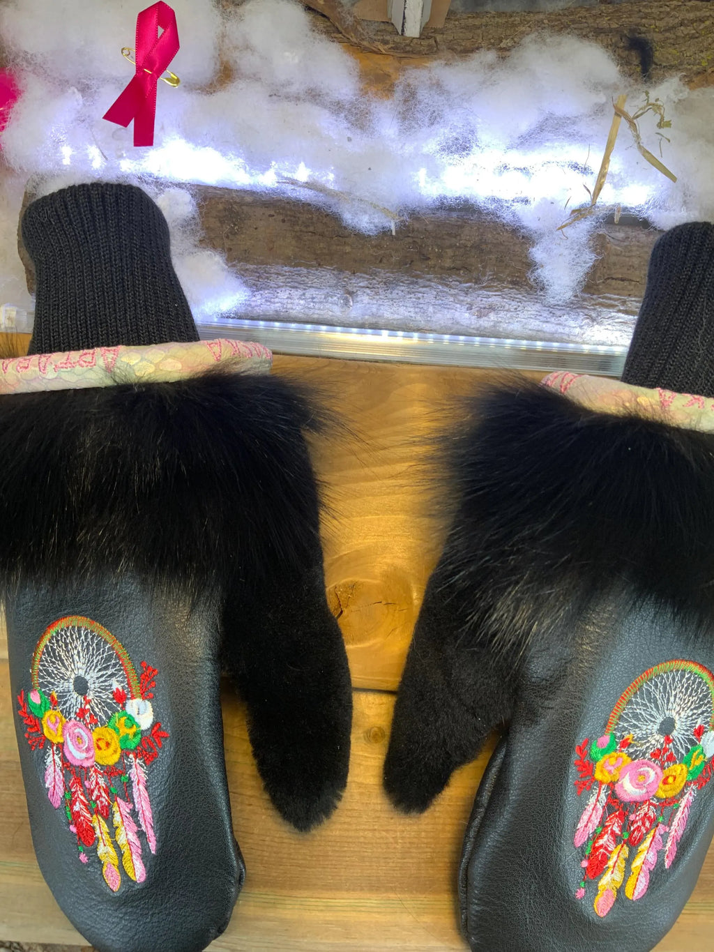 Handmade Bernadette city mittens from Quebec made of recycled fur with artistic dream catcher embroidery size Medium