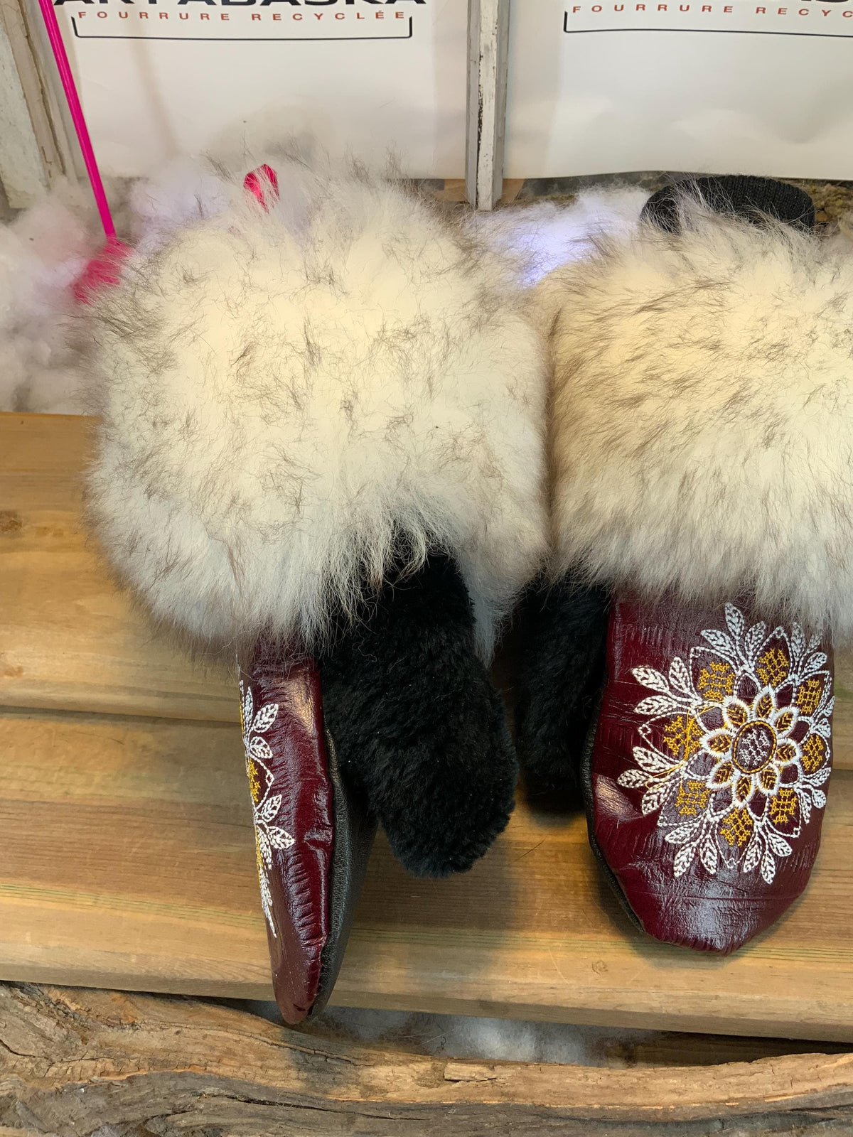 Carmelle city mitts, handmade in Quebec from recycled fur with burgundy Italian leather and mandala embroidery, size Medium
